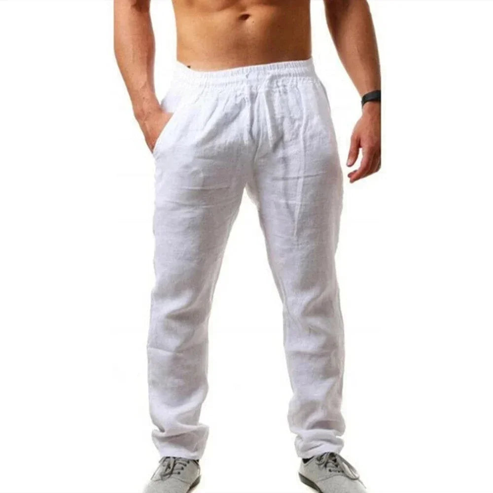 Men's Cotton Linen Pants Linen Breathable Elastic Waist Pants Breathable Casual Jogging Fitness Trousers Summer Sports Sweatpant