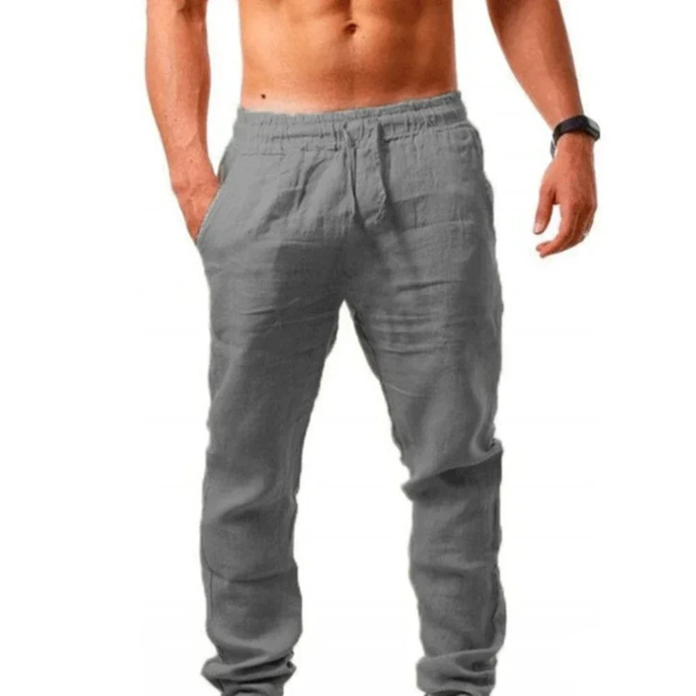 Men's Cotton Linen Pants Linen Breathable Elastic Waist Pants Breathable Casual Jogging Fitness Trousers Summer Sports Sweatpant